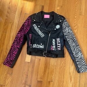 Edgy Black and Pink Leather Jacket with Studded Details